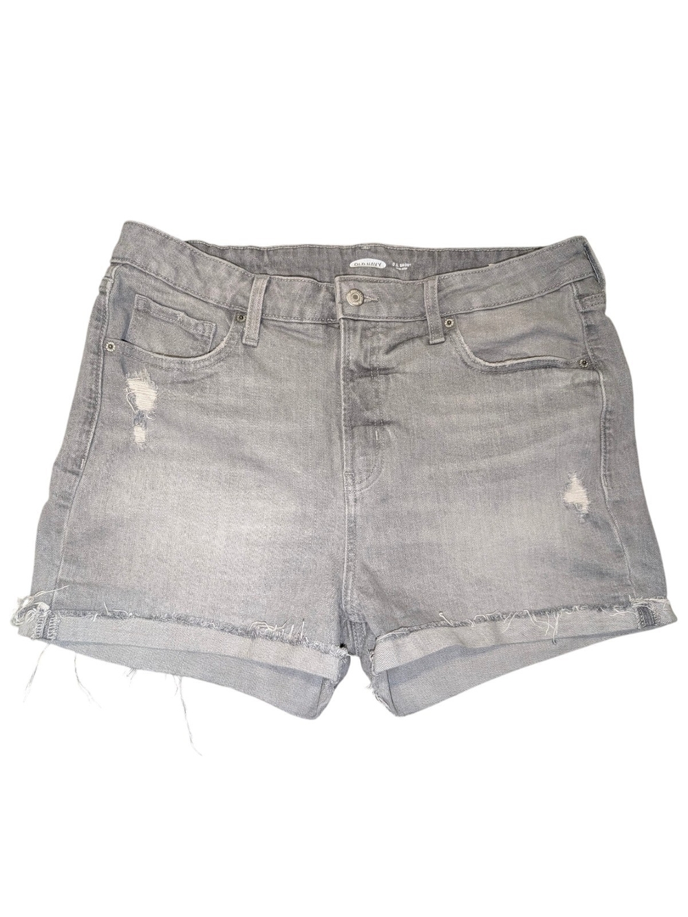 Old Navy Light Gray Women's 14 High Rise Distressed Frayed Hem Jean OG Shorts